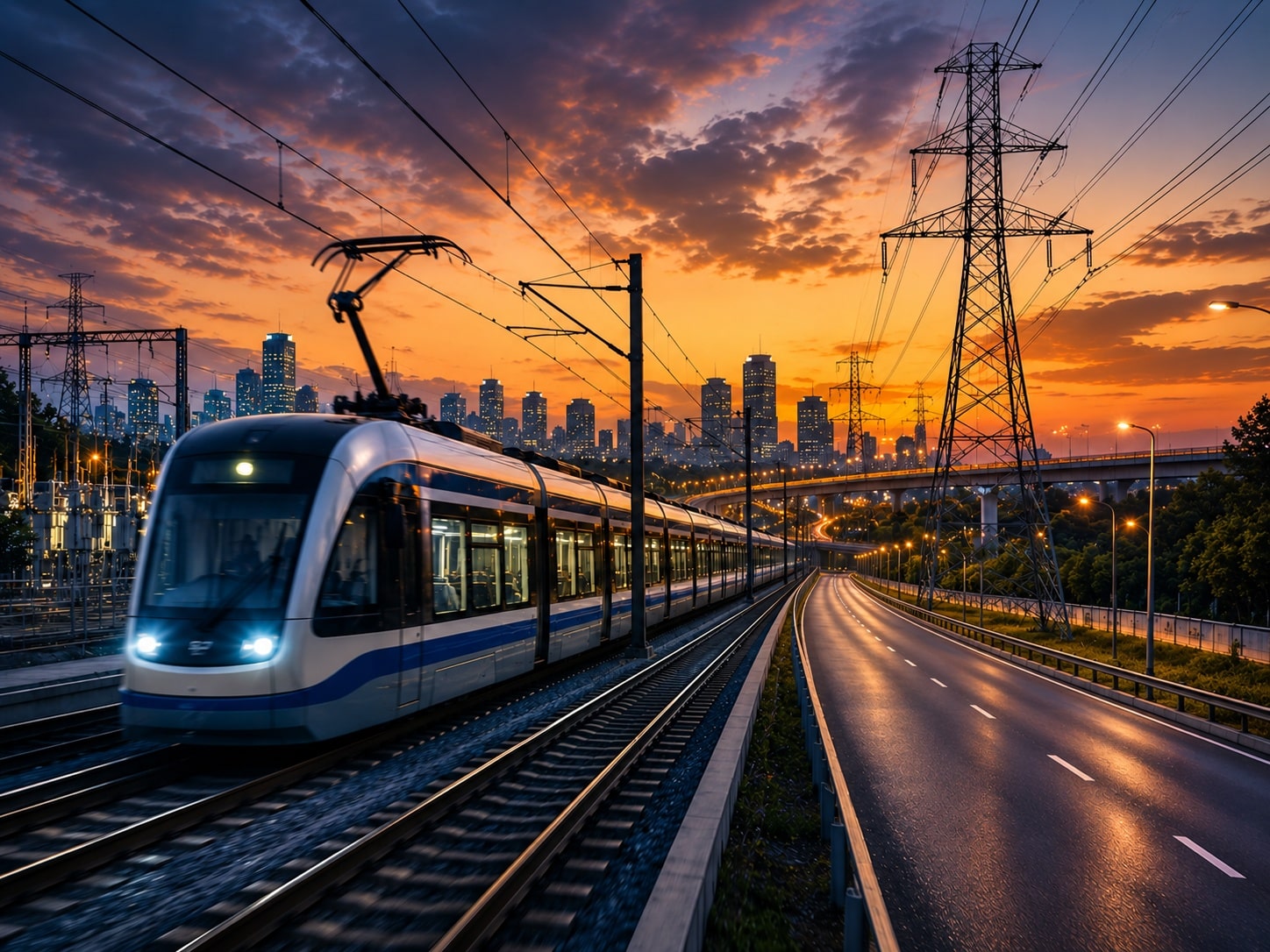 Electric railway and power transmission infrastructure near a modern city at sunset.